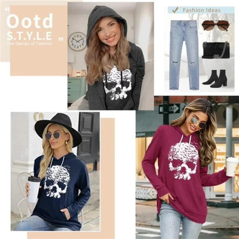 Skull Shirts for Women Skeleton Funny Gothic Graphic Casual Hoodies‎ Pullover